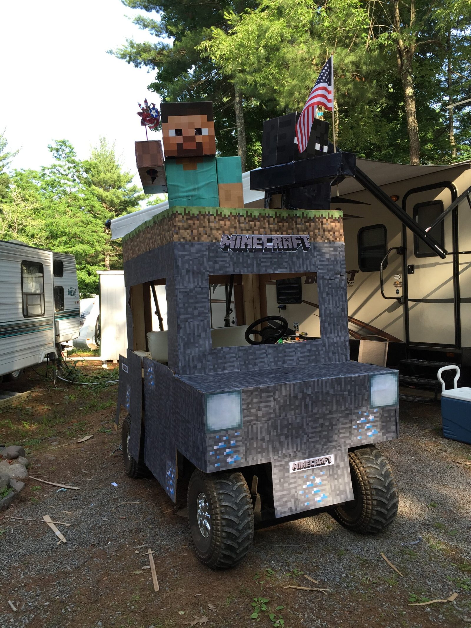 Golf cart decorated as Minecraft for a parade